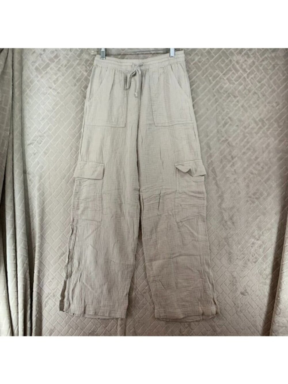 NIA Pants Womens S Beige Gauze Cotton Cargo Wide Leg Drawstring Lightweight